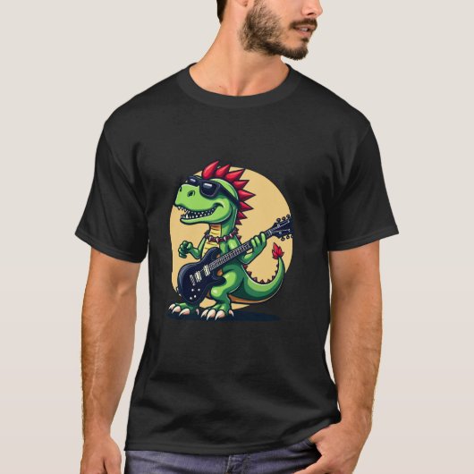 パンクロック恐竜遊のエレキギターおもしろいD Tシャツ (正面)