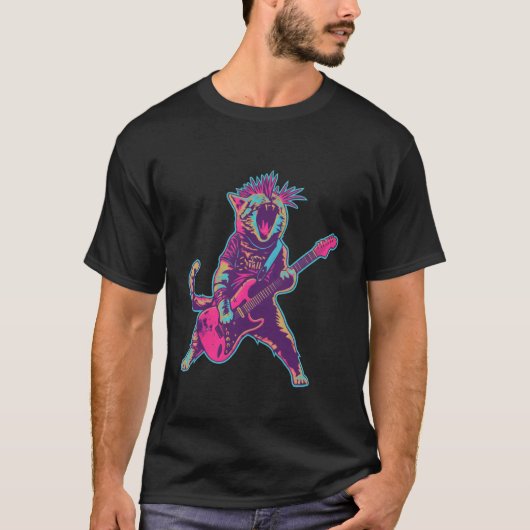 パンクロック猫のエレキギター演奏 面白い音楽デザイン Tシャツ (正面)