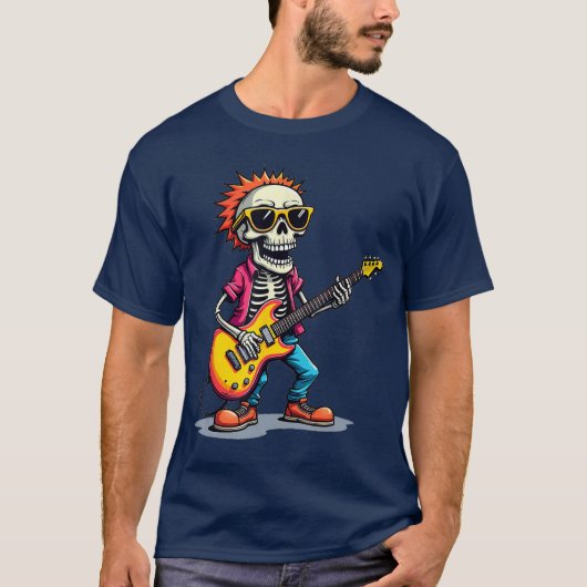 パンク ロッカー スケルトン ギター Tシャツ (正面)