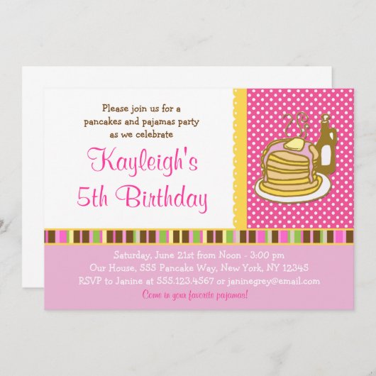 パンケーキおよびパジャマの女の子の誕生日の招待状 招待状 (正面/裏面)