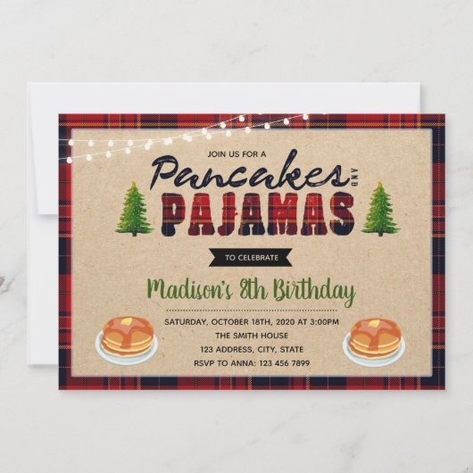 パンケーキおよびパジャマの誕生日の招待 招待状 (正面)