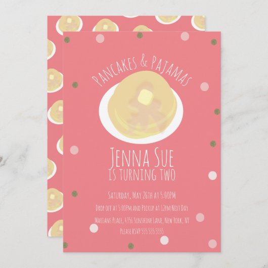 パンケーキとパジャマのおやすみ会 ガールズ コンフェッティ ピンク 招待状 (正面/裏面)