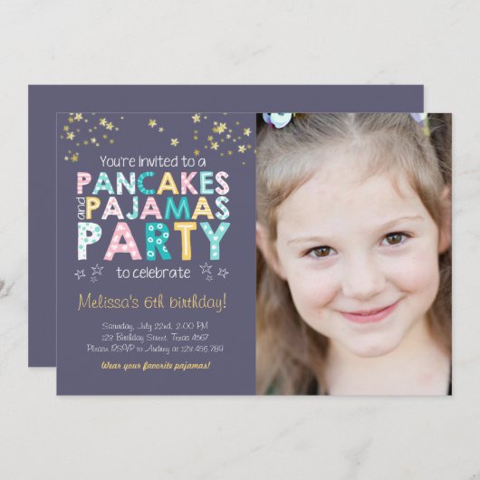 パンケーキとパジャマの誕生日の招待状ガールピンク 招待状 (正面/裏面)