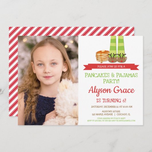 パンケーキとパジャマの誕生日パーティーの写真 招待状 (正面/裏面)