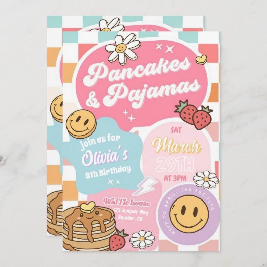 パンケーキとパジャマの誕生日パーティーの招待状 招待状 (正面/裏面)