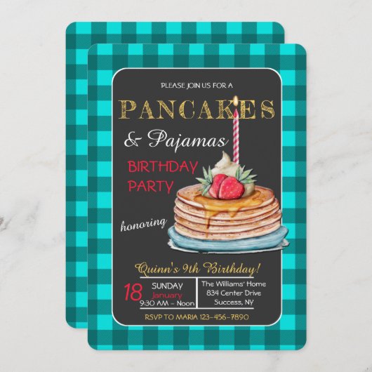 パンケーキとパジャマの誕生日パーティーの招待状 招待状 (正面/裏面)