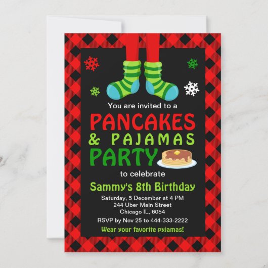 パンケーキとパジャマ誕生日ソックス赤い格子縞インビ 招待状 (正面)