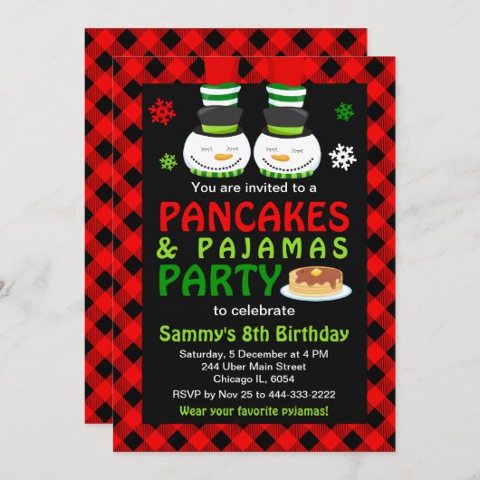 パンケーキとパジャマ誕生日雪だるまレッドプレイドイン 招待状 (正面/裏面)
