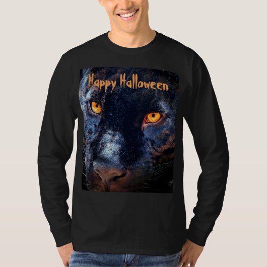 パンサーフォトブラックキャットアイズオレンジハロウィン Tシャツ (正面)