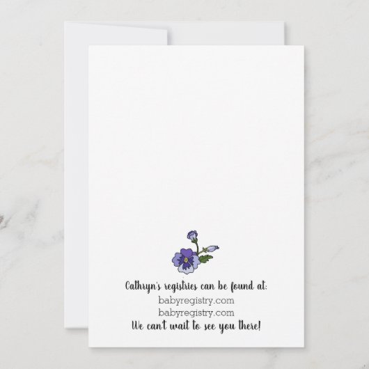 パンシーインパティエンズリースパープルとピンクベビーシャワー 招待状 (裏面)