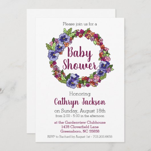 パンシーインパティエンズリースパープルとピンクベビーシャワー 招待状 (正面/裏面)