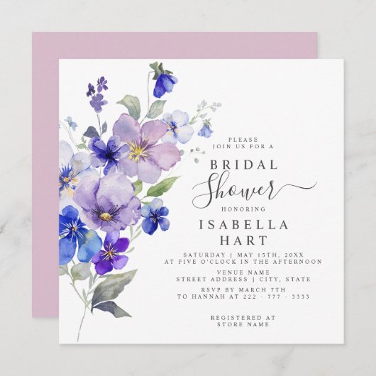 パンシーズボタニカルフローラ薄紫ブルーブライダルシャワー 招待状 (正面/裏面)