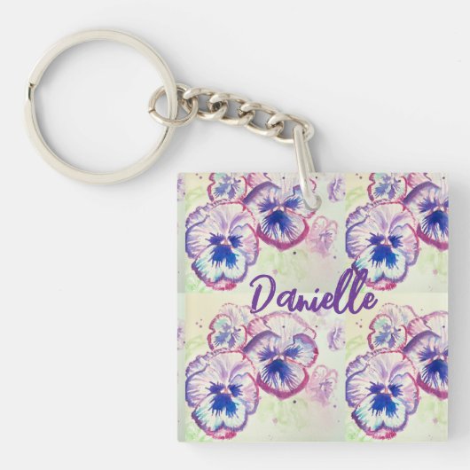パンシーパンシーパープルフラワーフローラピンク キーホルダー (正面)