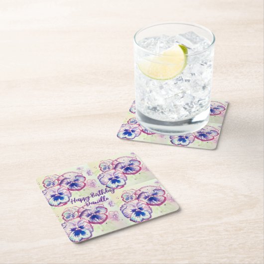 パンシーパンシーパープルフラワーフローラピンク スクエアペーパーコースター (インサイチュ)