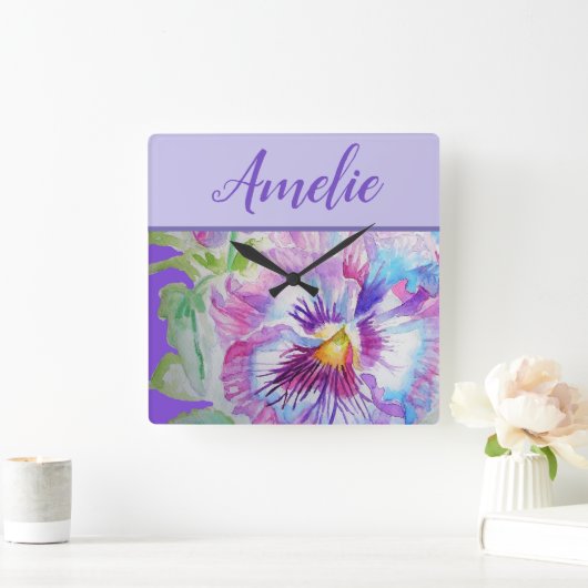 パンシーパープルウォーターかわいらしカラーフローラ花 スクエア壁時計 (ホーム)