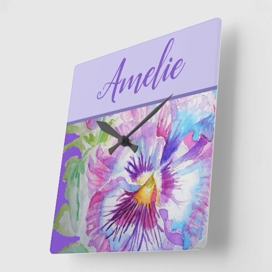 パンシーパープルウォーターかわいらしカラーフローラ花 スクエア壁時計 (傾斜)
