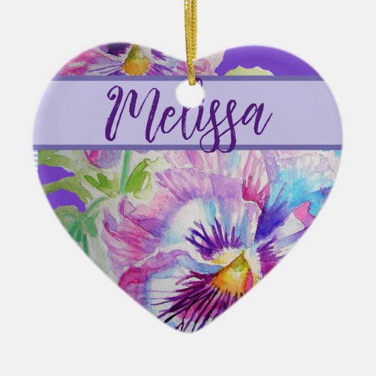 パンシーパープルウォーターかわいらしカラーフローラ花 セラミックオーナメント (正面)