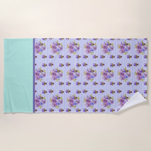 パンシーフラワーアクアストライプフローラガールズウーメン ビーチタオル (正面)