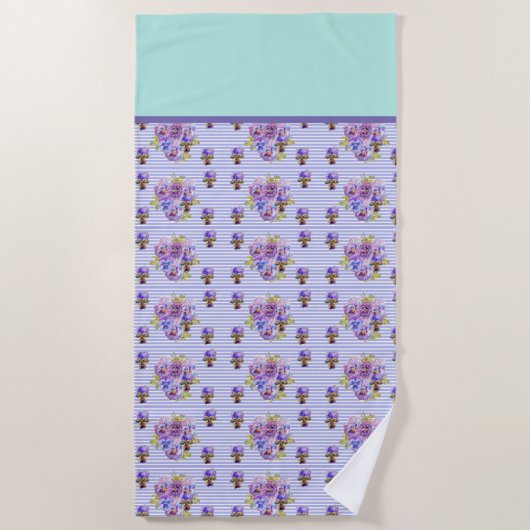 パンシーフラワーアクアストライプフローラガールズウーメン ビーチタオル (正面)