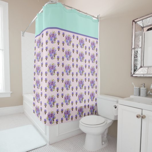 パンシーフラワーアクアストライプフローラガールズウーメンS シャワーカーテン (インサイチュ)
