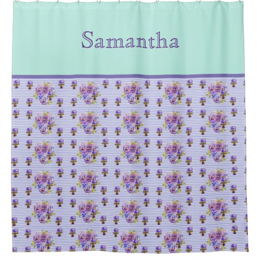 パンシーフラワーアクアストライプフローラガールズネーム翔 シャワーカーテン (正面)