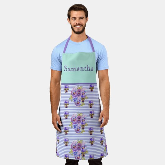 パンシーフラワーアクアストライプフローラガールズネーム エプロン (着用した状態)