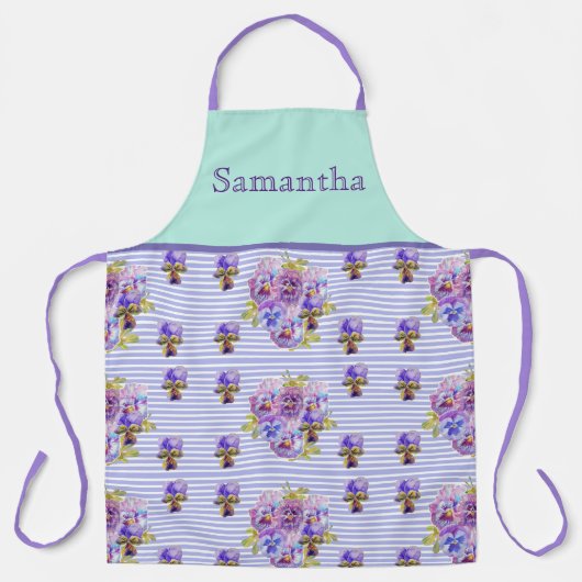 パンシーフラワーアクアストライプフローラガールズネーム エプロン (正面)