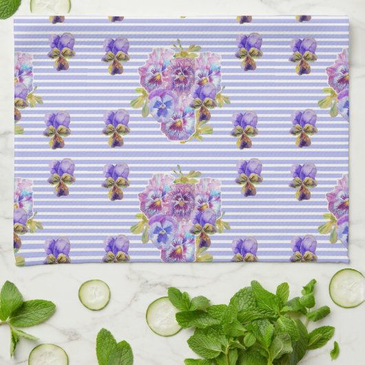 パンシーフラワーアクアストライプフローラガールズネーム キッチンタオル (折り畳み)