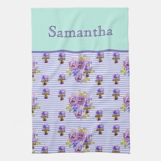 パンシーフラワーアクアストライプフローラガールズネーム キッチンタオル (縦)