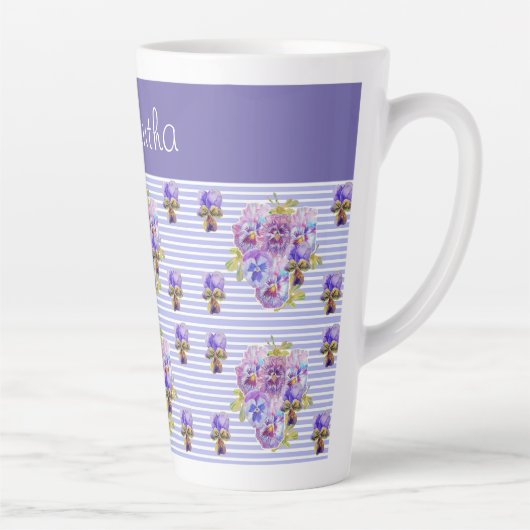 パンシーフラワーパープルストライプフローラカスタマイズ カフェラテマグ (右)