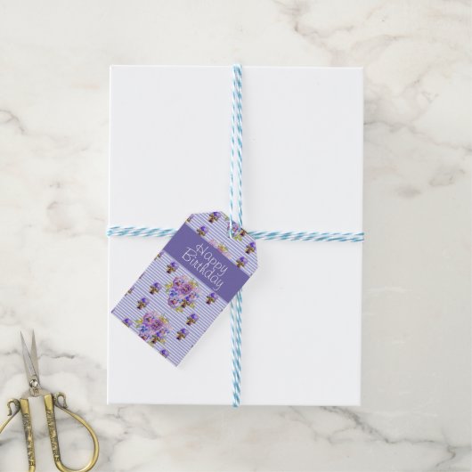 パンシーフラワーパープルストライプフローラハッピーバースデー ギフトタグ (より糸付き)