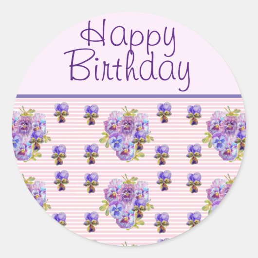 パンシーフラワーピンクストライプフローラハッピーバースデー ラウンドシール (正面)