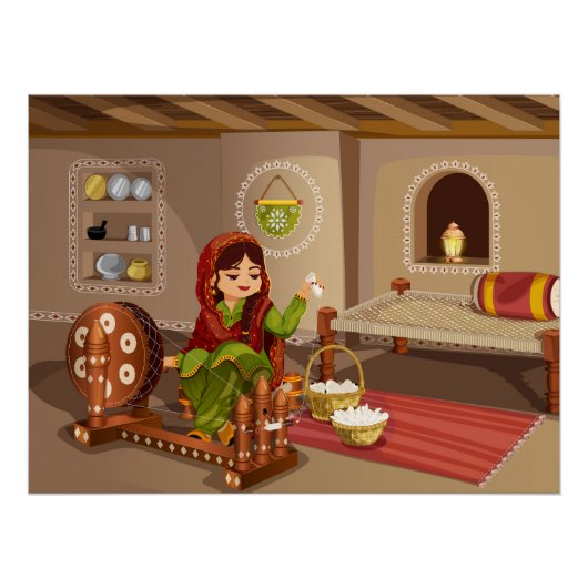 パンジャビウーマンスピニングシャルカ – ルーラルライフスタイル ポスター (正面)