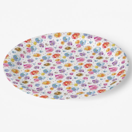 パンジーかわいらしサマーフローライラストレーションパターン ペーパープレート (アングル)