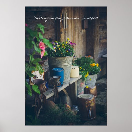 パンジーが飾られたカントリーハウス鮮やかポーチ ポスター (正面)