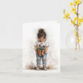 パンジーのある少女のノートカード カード (黄色い花)