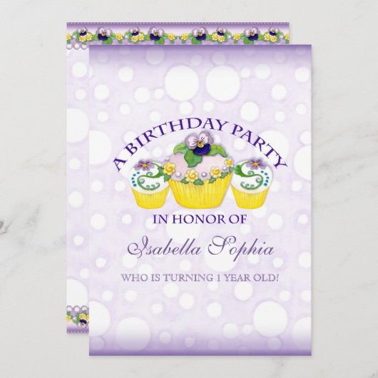 パンジーのカップケーキの女の子の誕生日のパーティの招待状 招待状 (正面/裏面)