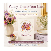 パンジーの花の「ありがとう」カード 上品な植物画調デザイン
