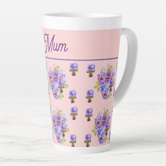 パンジーの花ピンクのドットみすぼらしいフローラ母の日 カフェラテマグ (右アングル)