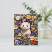 パンジーガーデンに囲まれた可愛いフェレット ポストカード (スタンド正面)