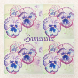 パンジーパニーズパープルフラワーズフローラ水色名 ガラスコースター