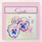 パンジーピンクの水色パンジーフローラフラワーフォン ガラスコースター (正面)