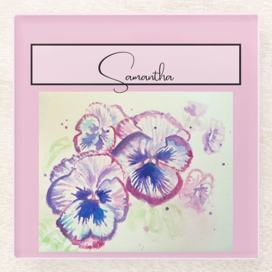 パンジーピンクの水色パンジーフローラフラワーフォン ガラスコースター (正面)