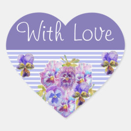 パンジー花パープルストライプフローラアートと愛 ハートシール