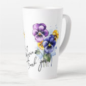 パンジー「ありがとう!」 編集可能なスローガンと名前 カフェラテマグ (右アングル)