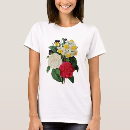 パンジー、水仙、カメリアブーケBy Redoute Tシャツ (正面)
