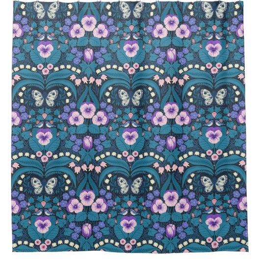 パンジー、鳥と蝶 シャワーカーテン (正面)