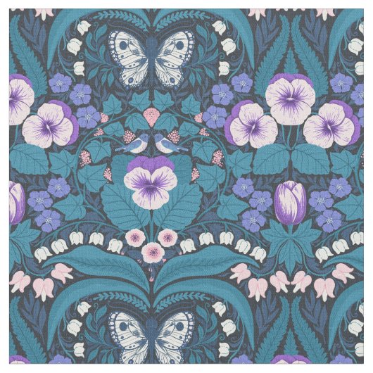 パンジー、鳥と蝶 ファブリック (クローズアップ)