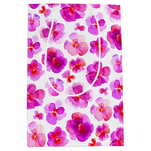 パンジーviolaピンクのホワイトウォーターカラーアート抱き枕 ミディアムペーパーバッグ (正面)