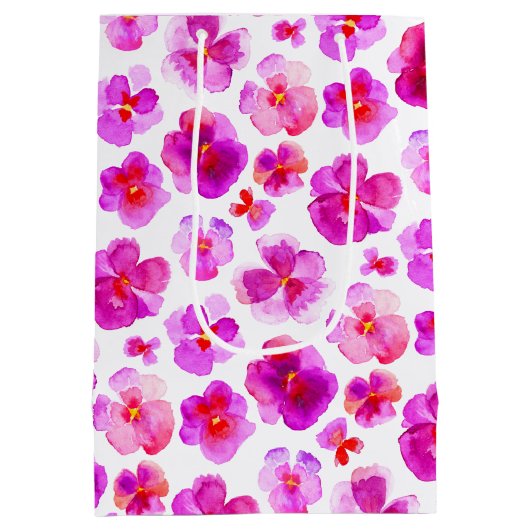 パンジーviolaピンクのホワイトウォーターカラーアート抱き枕 ミディアムペーパーバッグ (裏面)
